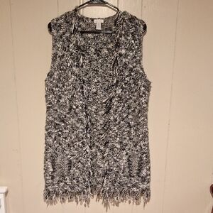 Chico's Women's Gray and White Fringed Sleeveless Cardigan